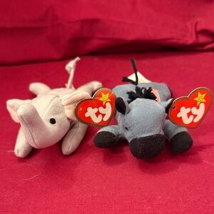 Miniature Ty Plush Elephant and Donkey Set - Gray and Blue